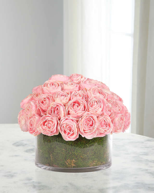 White Roses and Moss 13" Faux Floral Arrangement in Glass Bowl
